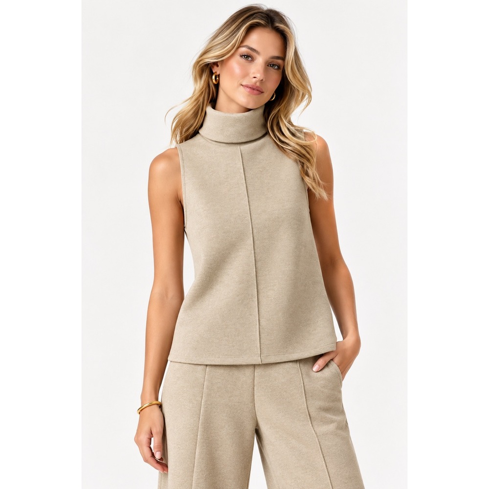 OGL Move FuzzLuxe Oatmeal Heather Sleeveless Turtleneck Top Beige Size M